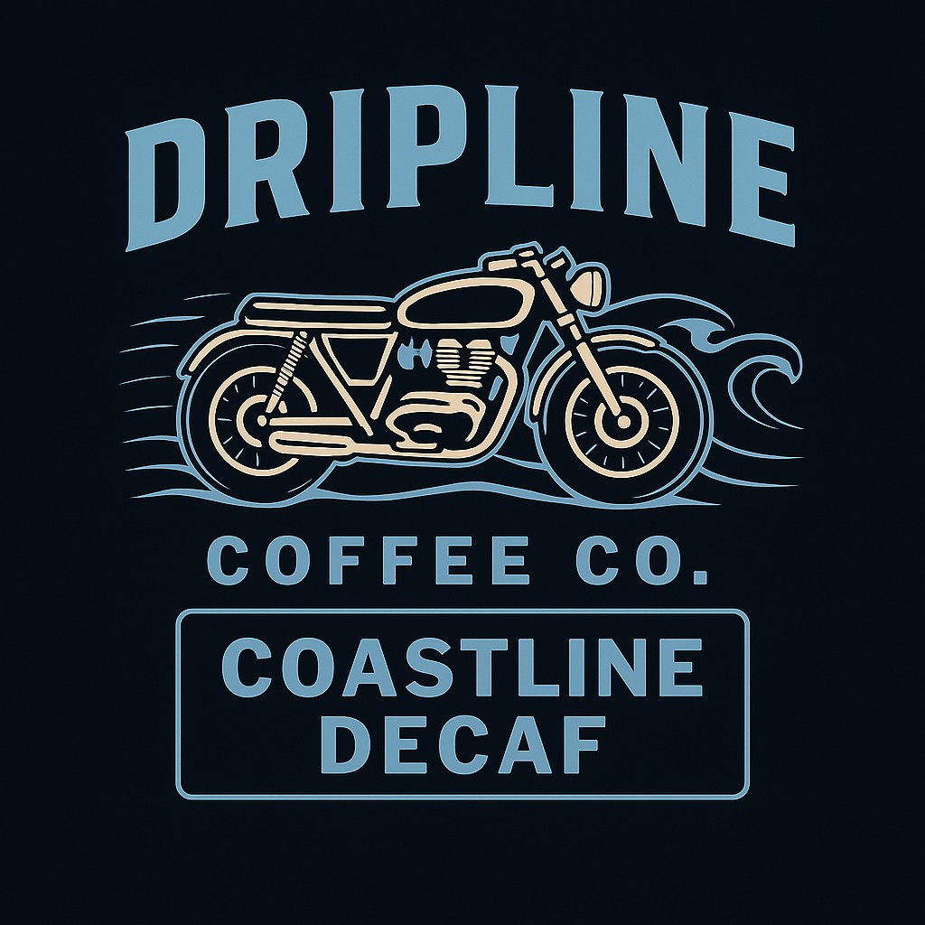 Dripline artwork — motorcycle with wave and motion lines on deep blue