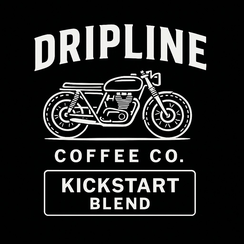 Dripline Coffee Co. Kickstart Blend — arched logo, cafe racer line art, and blend label on black