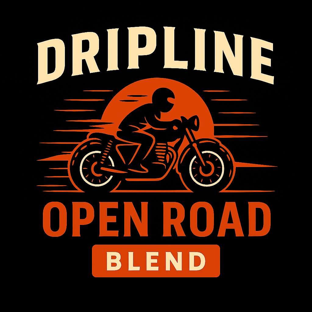 Dripline Open Road Blend artwork — rider and motorcycle against an orange sun and speed lines
